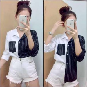 PE041 New Italy เสื้อเชิ้ตริ้วทูโทน กระเป๋าหน้า รุ่นใหม่ล่าสุด มาแรงแห่งปี ผ้าไหมอิตาลี ดีเทลเก๋ๆ เสื้อสวย เสื้อทำงาน ไม่โป๊ เสื้อเที่ยว ราคาถูก