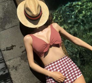 บิกินี่ bikini เซ็กซี่ สไตล์สาวเกาหลี ชุดว่ายน้ำผู้หญิง บิกินี่ลายสกอตสุดฮอต