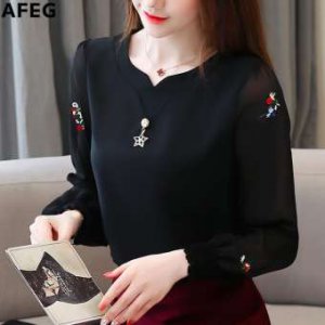 Afeg ใหม่แฟชั่นเกาหลีคอวีหลวมป่าอารมณ์หรูหราหวานปักเสื้อชีฟองแขนยาว