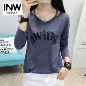 Inwpllr แฟชั่นผู้หญิงเสื้อยืดฤดูใบไม้ร่วงจดหมายเสื้อยืดผู้หญิงพิมพ์เพชรเสื้อทีสุภาพสตรีแขนยาวสไตล์เกาหลีท็อปส์ผู้หญิง